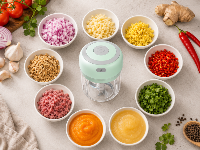 Range of foods finely chopped — onion, garlic, chili, ginger, herbs and purée