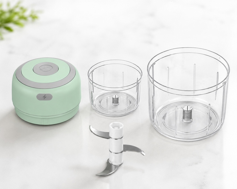 The kit including small and medium cups and stainless steel blades