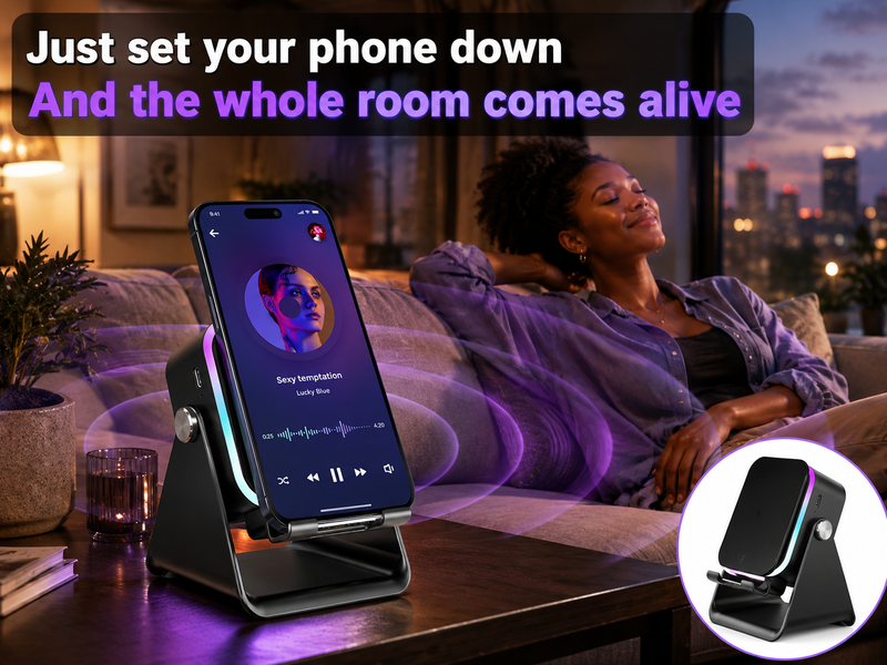 5-in-1 induction speaker stand glowing with a phone playing music