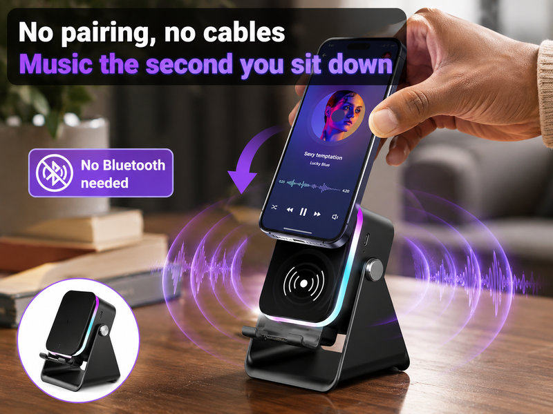 Phone resting on the stand playing music through induction, no cables