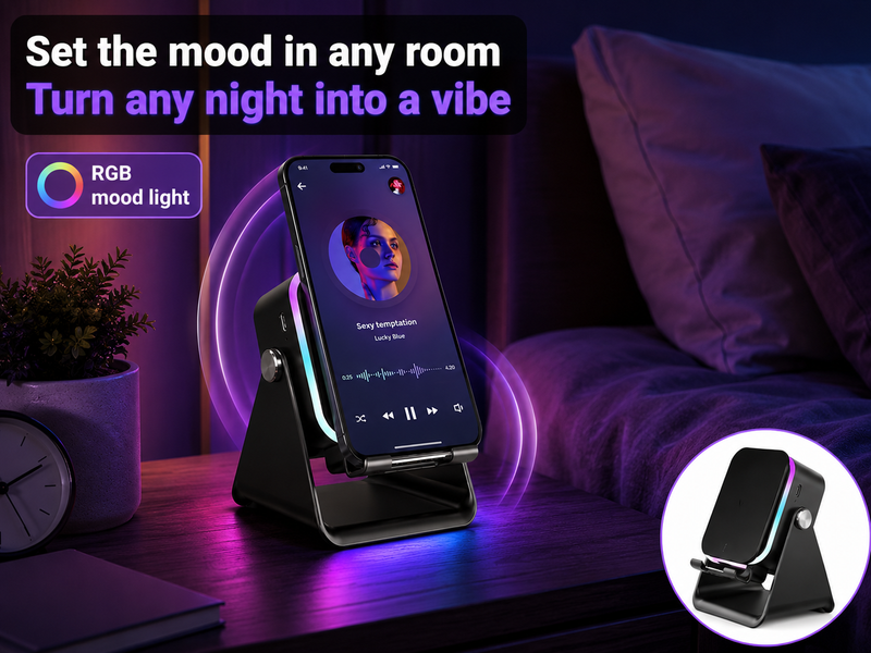 RGB glow lighting up a bedside table at night