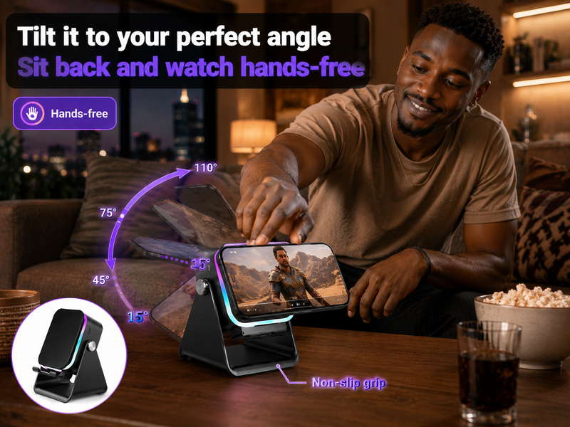 Phone held at the perfect angle on the adjustable stand for a video call