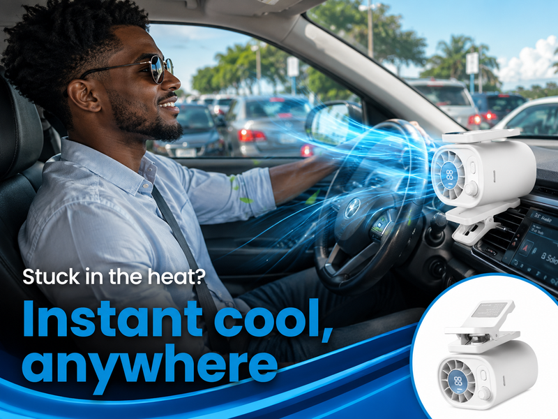 Clip fan cooling a happy driver in the car