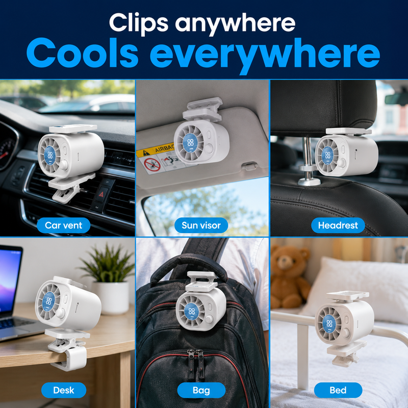 Clip fan attached to a vent, visor, desk, bag and headrest