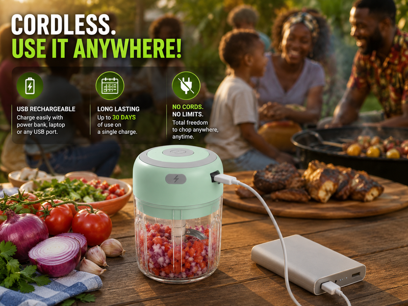 Cordless USB rechargeable mini chopper on a kitchen counter